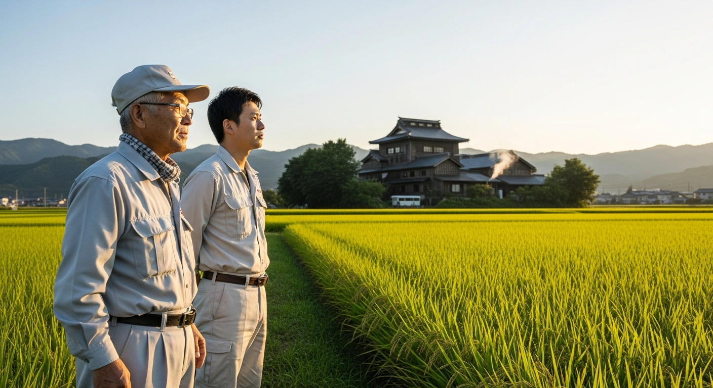 A Japanese rice farmer and a sake brewer stand together in a lush rice paddy at sunset, looking towards a traditional sake brewery, symbolizing the new direct partnerships fostered by Japan's National Tax Agency to stabilize sake rice supply and mitigate rising prices.