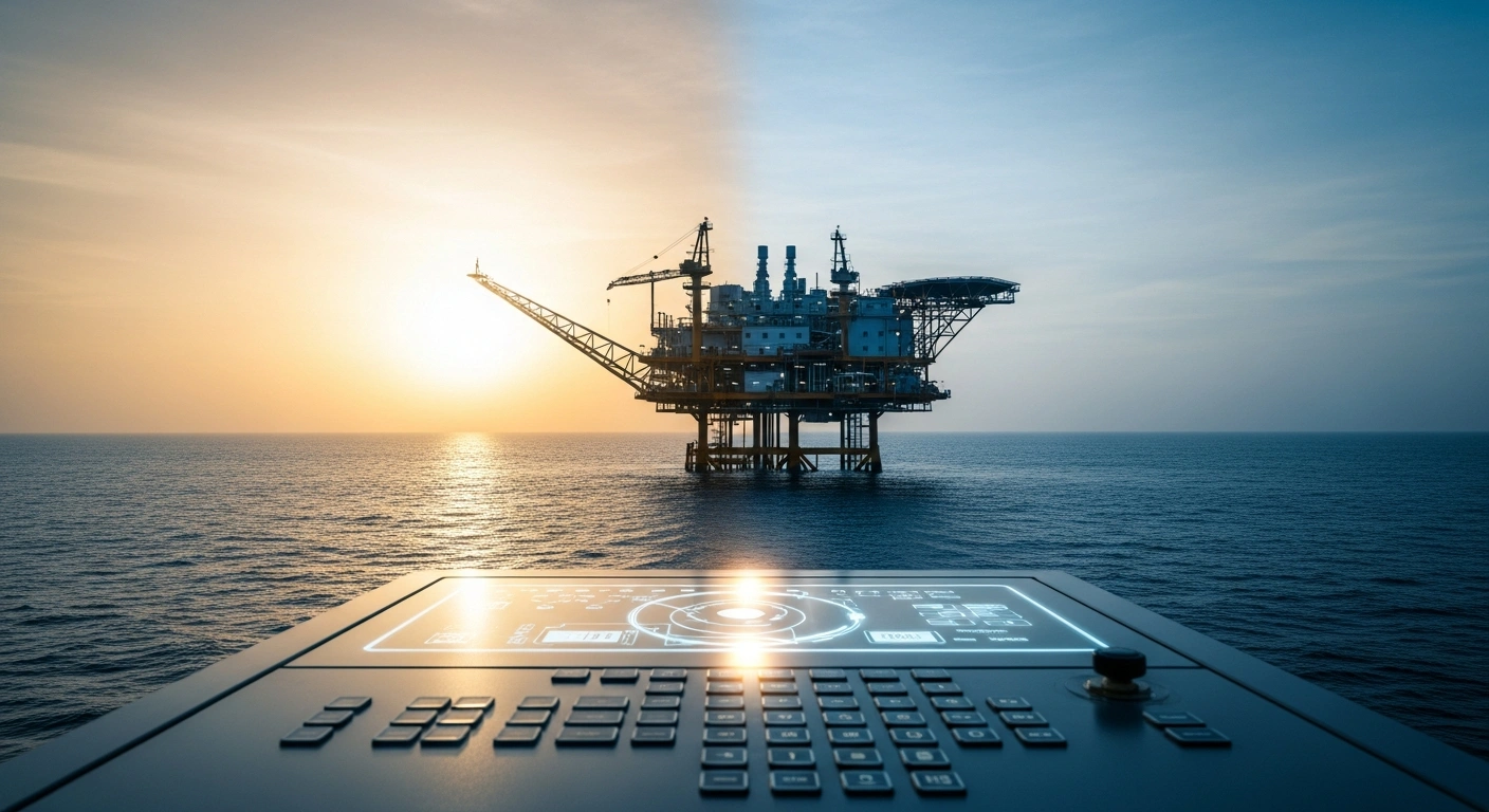 A modern offshore oil platform stands in the ocean as a symbol of the new energy task force partnership between Japan and Saudi Arabia.