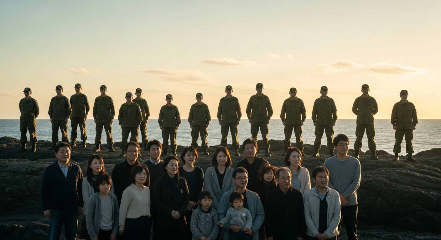 A wide shot depicts Japan Self-Defense Forces personnel standing resolutely on a rugged coastline, while a diverse group of Japanese citizens look towards them with expressions of confidence and gratitude, reflecting high public trust amidst regional security concerns and the SDF's consistent role in disaster relief.