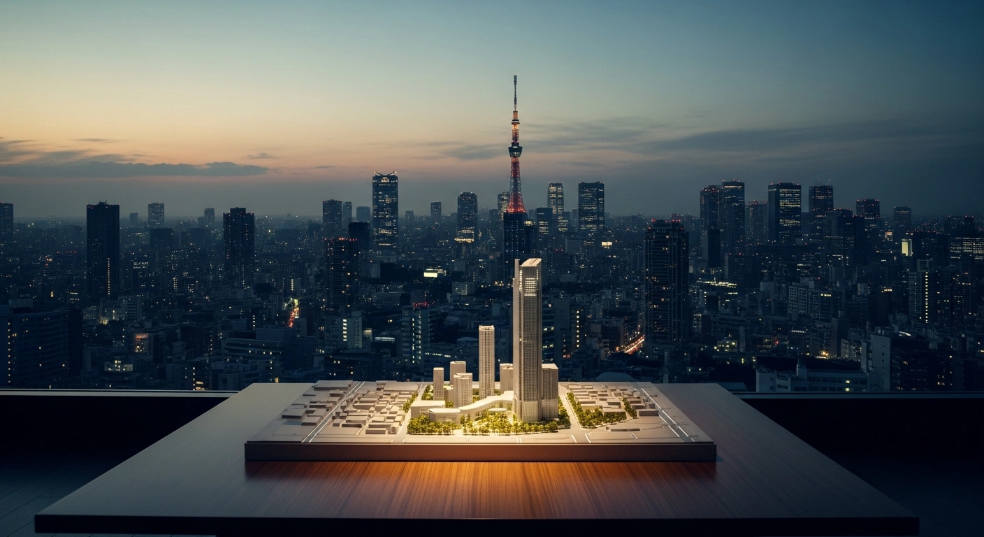 An architectural model of a proposed secondary capital city is displayed in front of the Tokyo skyline to represent Japan's parliamentary discussions on decentralization.