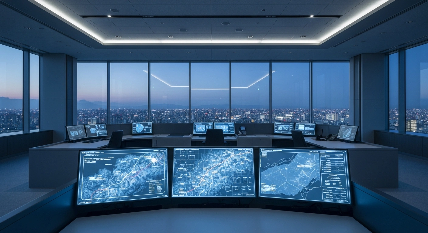 A modern government command center overlooks a Japanese city to represent the legislative initiative for establishing a secondary capital in Japan.