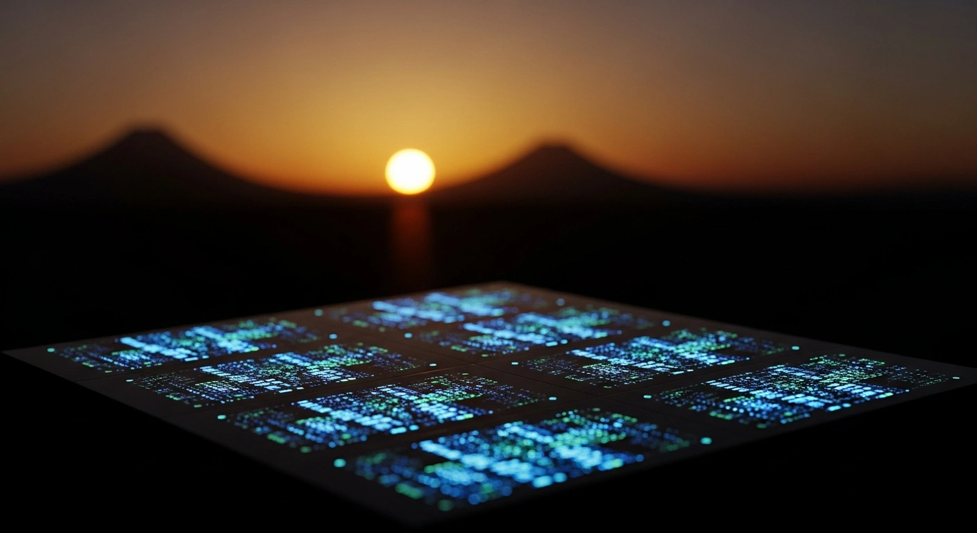 A close-up of a glowing semiconductor wafer with intricate blue and green circuits, symbolizing advanced AI, set against a soft-focused silhouette of a stylized Japanese mountain range under a rising sun, representing Japan's Ministry of Economy, Trade and Industry's significant budget increase for semiconductors and artificial intelligence to boost technological competitiveness.