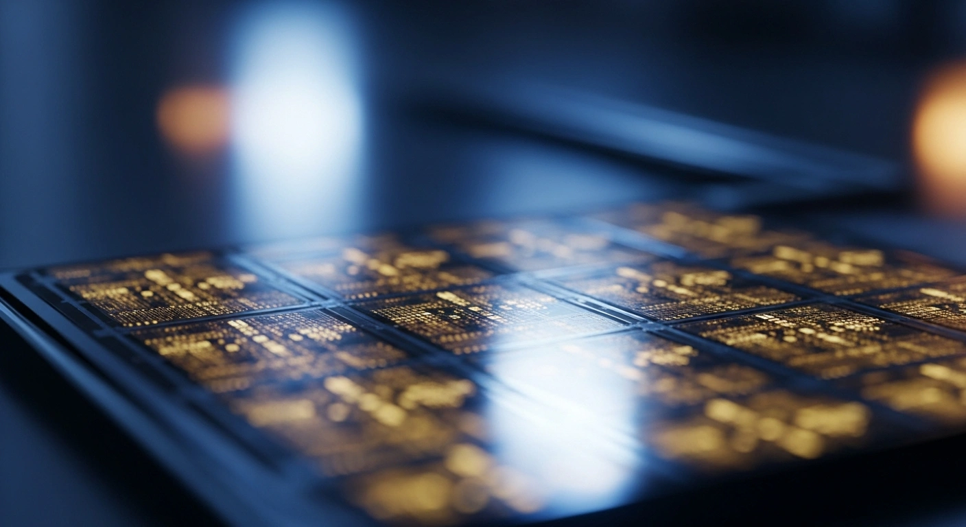A close-up view of a silicon wafer representing Japan's semiconductor manufacturing equipment exports and trade surplus.