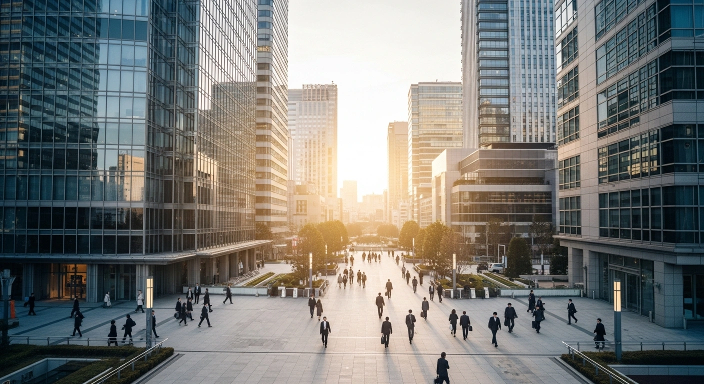 A bustling Tokyo financial district during a sunny morning represents the expansion of Japan's service sector economy.