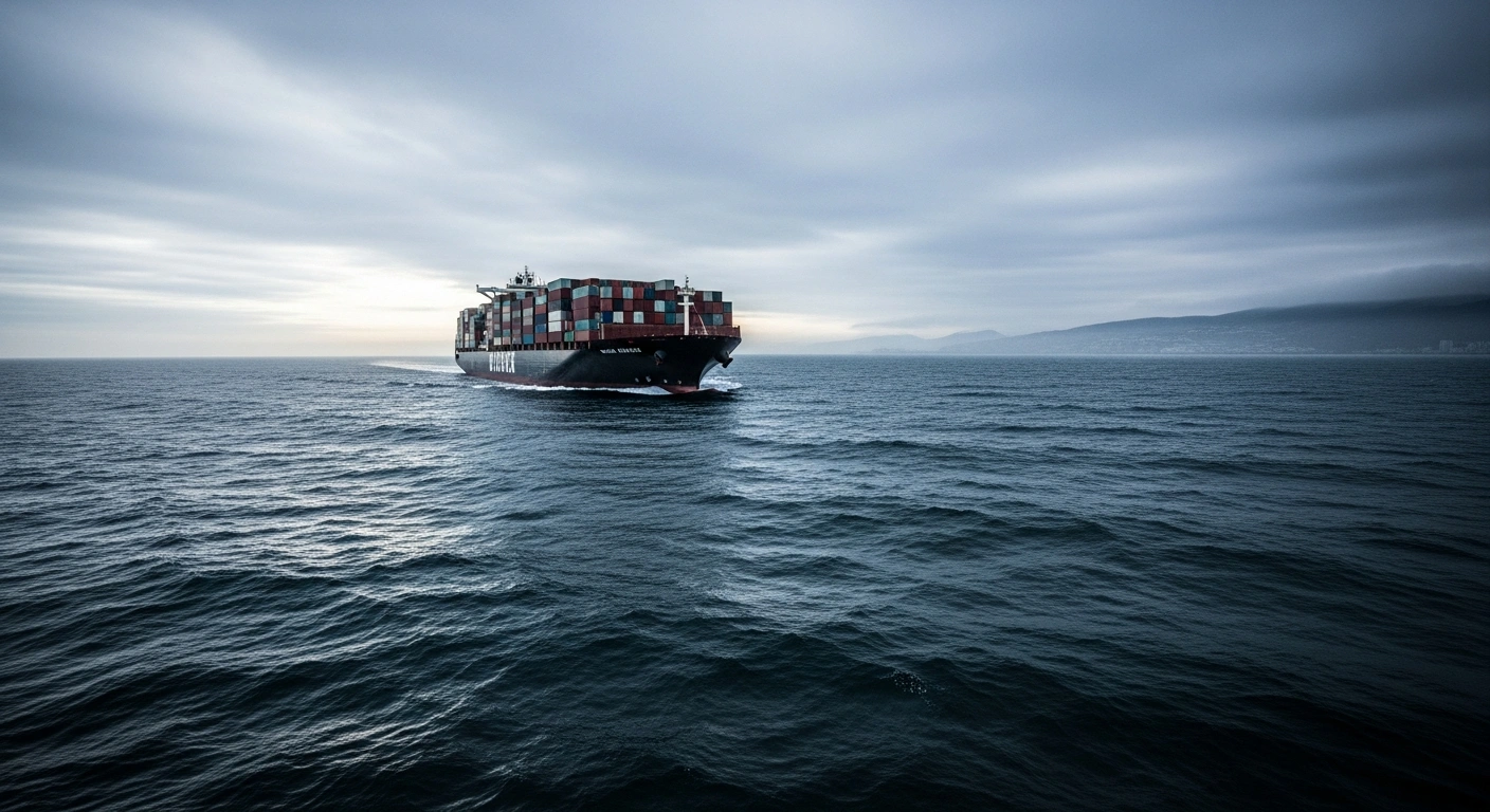 A large container ship sails through turbulent waters as Japan's major shipping companies face profit declines due to geopolitical instability and rising fuel costs.