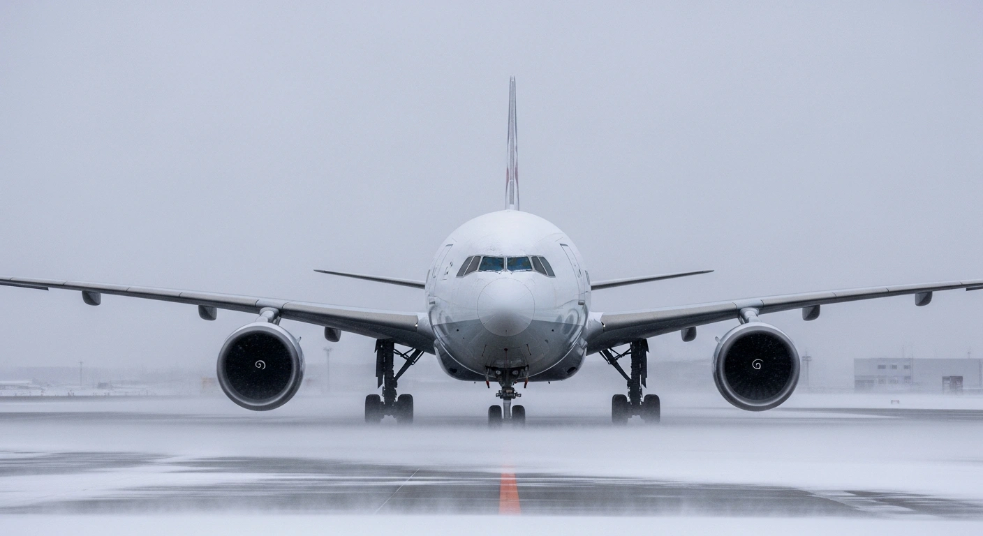 A large passenger jet, likely from Japan Airlines or All Nippon Airways, sits grounded on a snow-covered airport tarmac in Japan, amidst heavy snowfall and strong winds, symbolizing widespread flight cancellations and travel disruptions.