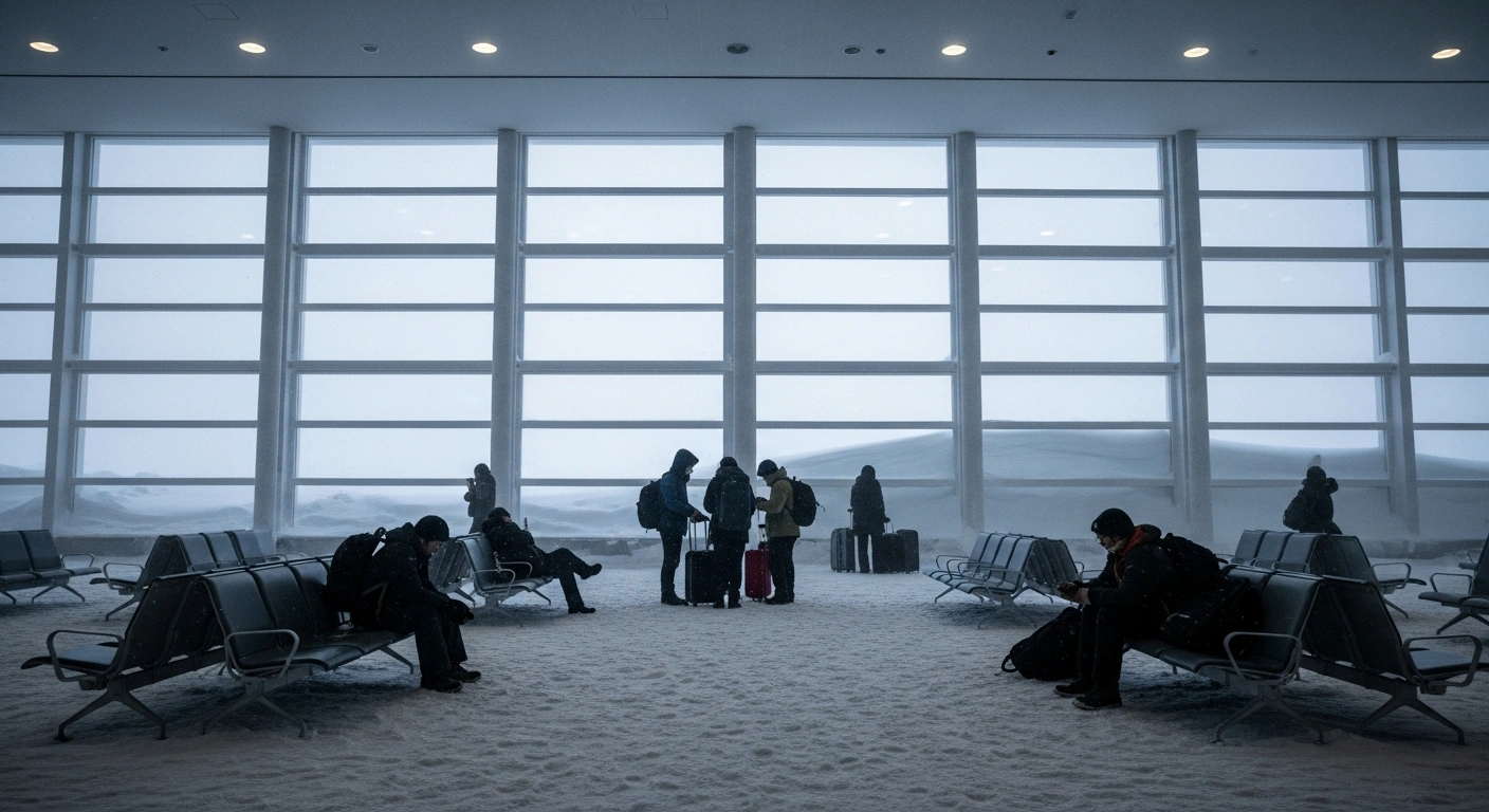 Inside a snow-choked airport terminal in Northern Japan, weary travelers are huddled together, dwarfed by immense snowdrifts visible through large windows, depicting the severe heavy snowfall and widespread transportation disruptions that have stranded thousands.