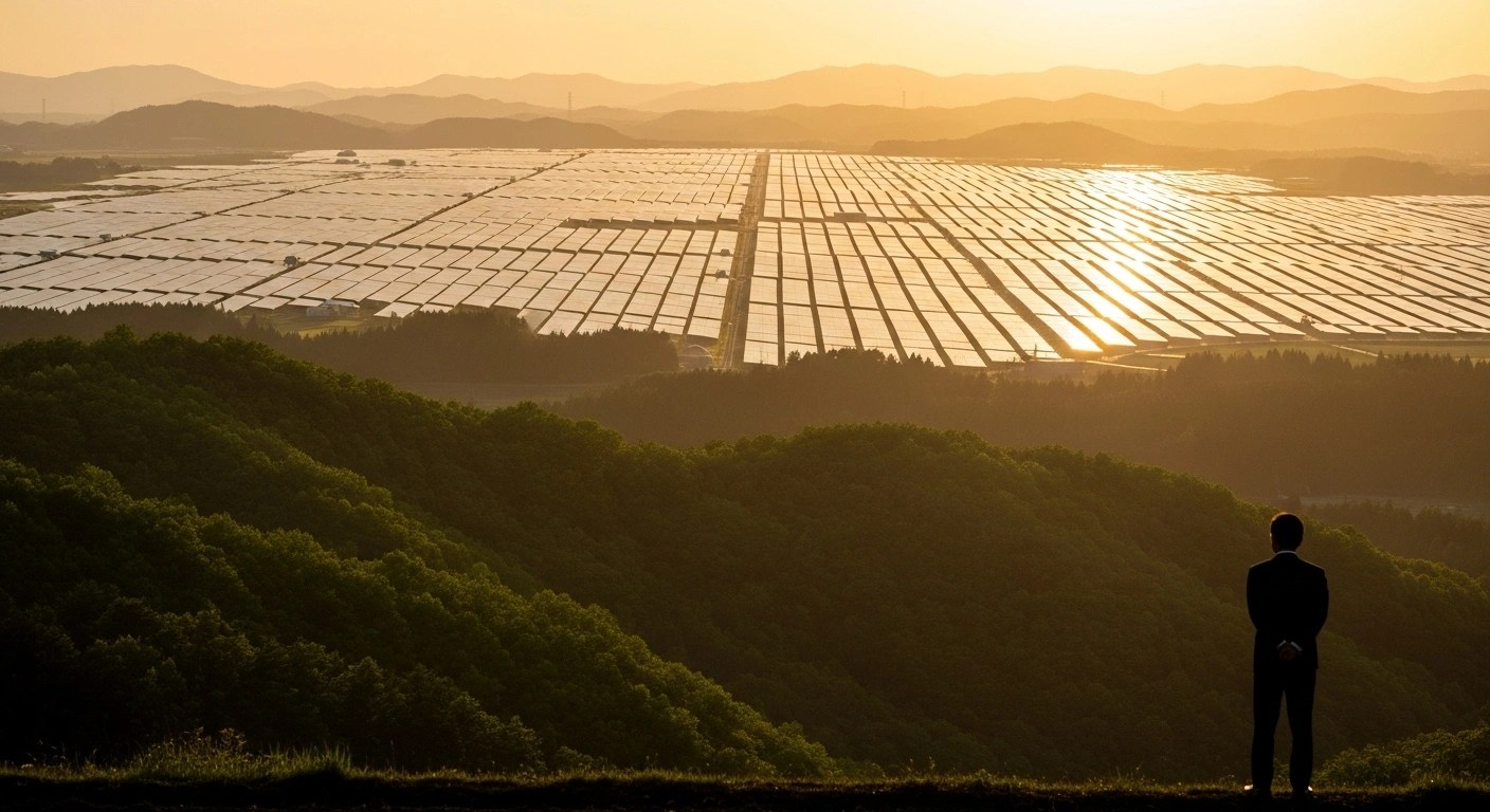 A wide, sweeping shot at golden hour depicts a vast mega solar farm with glinting panels in the mid-ground, contrasting with a pristine Japanese forest in the foreground, symbolizing Japan's government addressing environmental concerns in renewable energy expansion and local ecosystem protection.