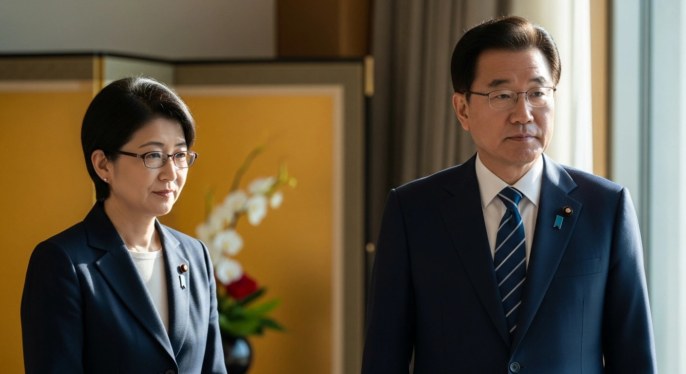 Japanese Prime Minister Sanae Takaichi and South Korean President Lee Jae Myung stand side-by-side in a diplomatic chamber in Nara, symbolizing their summit to bolster bilateral relations and cooperation in economic security, defense, and technology amidst regional dynamics.