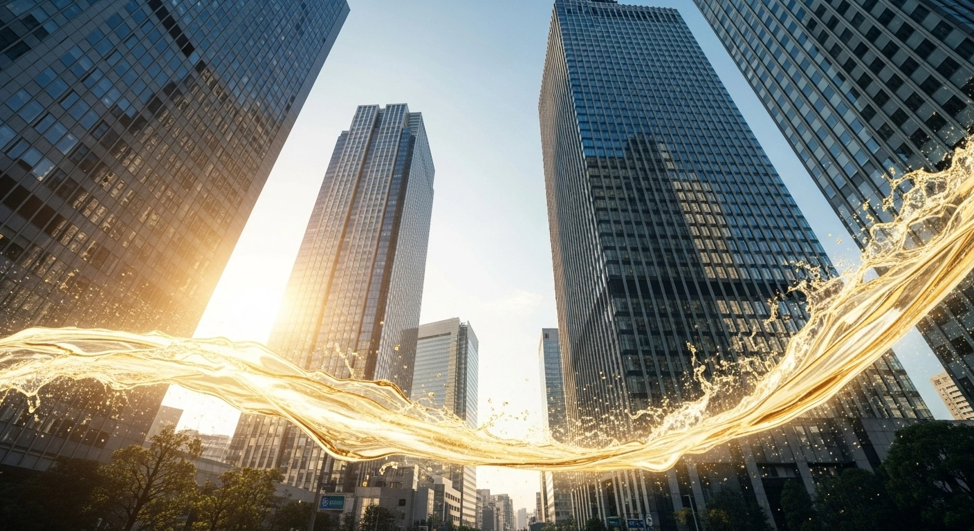 A low-angle view of Tokyo's financial district skyscrapers at sunrise, with a golden wave symbolizing surging Japanese stocks and a dissipating mist representing the depreciating yen, reflecting the market's reaction to Sanae Takaichi's LDP leadership victory and anticipated pro-fiscal stimulus policies.