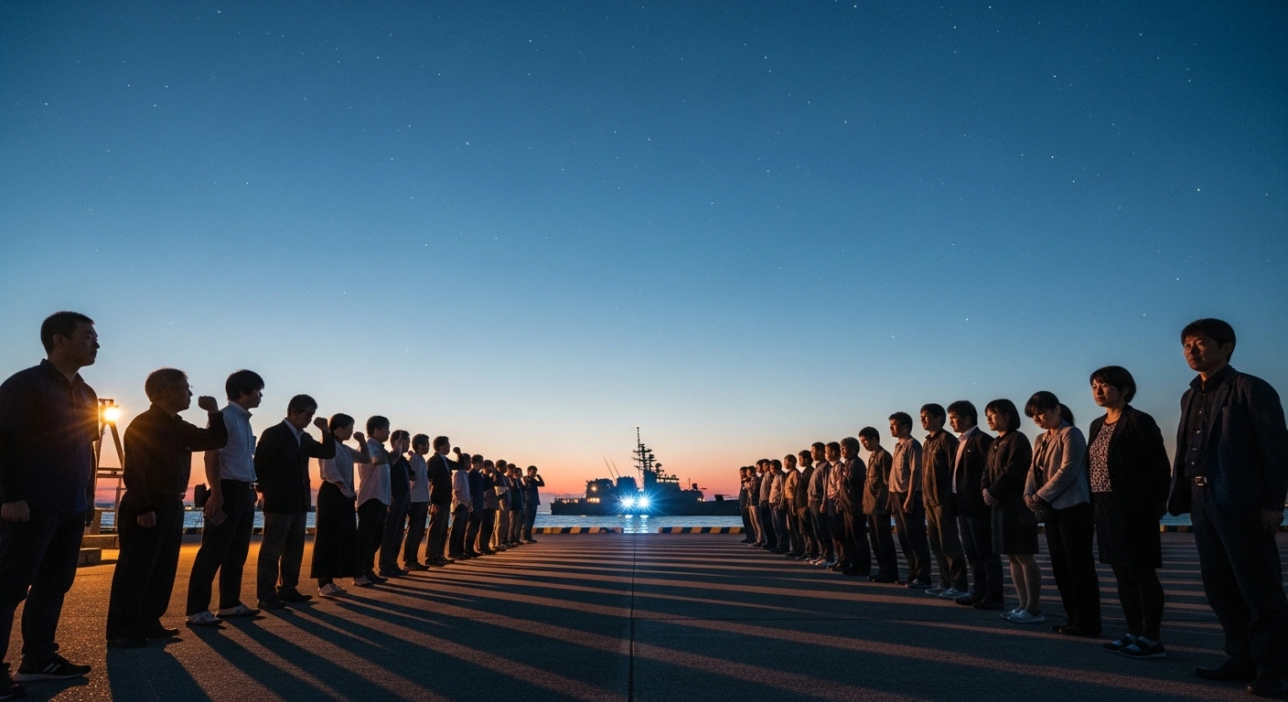A wide shot at twilight shows two distinct groups of Japanese citizens, one resolute facing a modern naval vessel on the horizon, the other apprehensive, reflecting the split in public opinion regarding potential military action if China attacks Taiwan and support for increased defense spending.