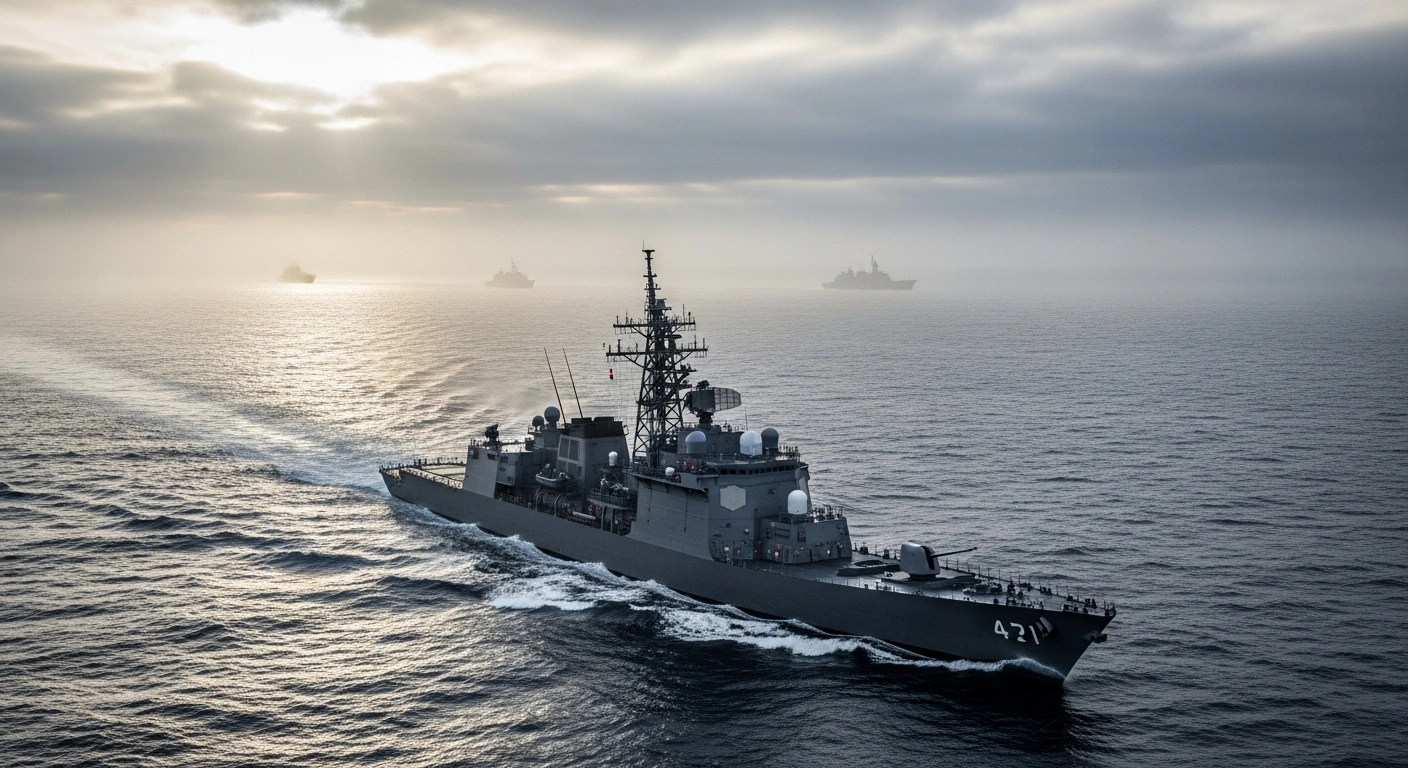 A Japanese destroyer with a prominent radar dish sails through choppy waters at dawn, observing the distant silhouettes of foreign naval vessels, symbolizing Japan's enhanced intelligence gathering and concerns over military exercises around Taiwan.