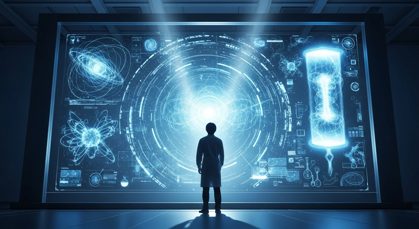 A Japanese scientist stands before a large, glowing holographic display depicting quantum entanglement, AI neural networks, and nuclear fusion, symbolizing Japan's substantial investment in advanced technology research and development.