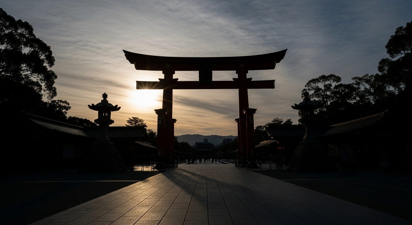 A majestic, traditional Japanese torii gate stands silhouetted against a dramatic, bruised dusk sky, with an empty foreground symbolizing the significant loss in Japan's tourism industry due to Chinese travel cancellations and escalating diplomatic tensions over remarks on Taiwan.