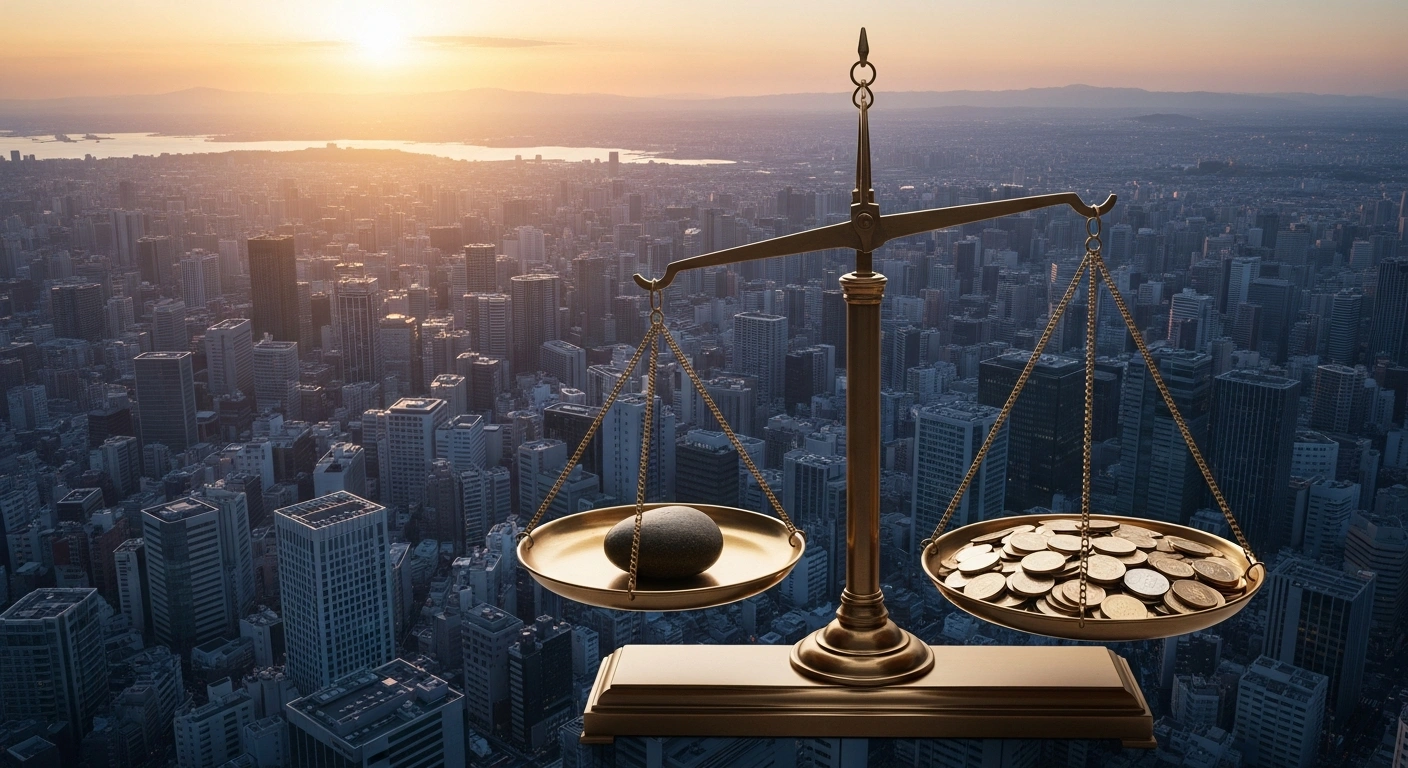 A symbolic image depicting Japan's trade balance in 2025, showing an antique-style balance scale with one side slightly lower representing a reduced deficit, while the other side is overflowing with coins symbolizing record-high exports, set against a modern Japanese cityscape at dusk.