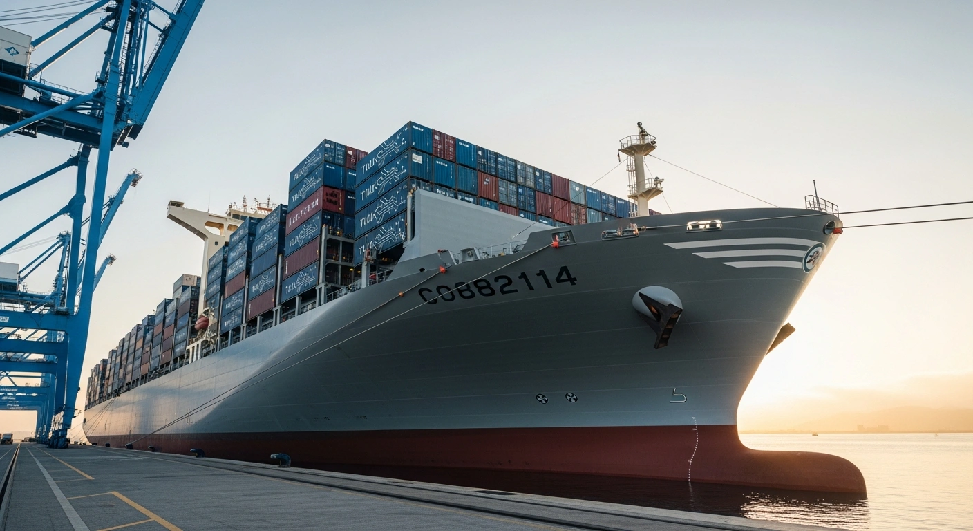 A colossal, ultra-modern cargo ship is docked at a bustling Japanese port at dawn, being loaded with containers, some featuring circuit board patterns, symbolizing Japan's record-high exports of semiconductors and electronic components, which significantly narrowed its trade deficit despite global trade challenges.