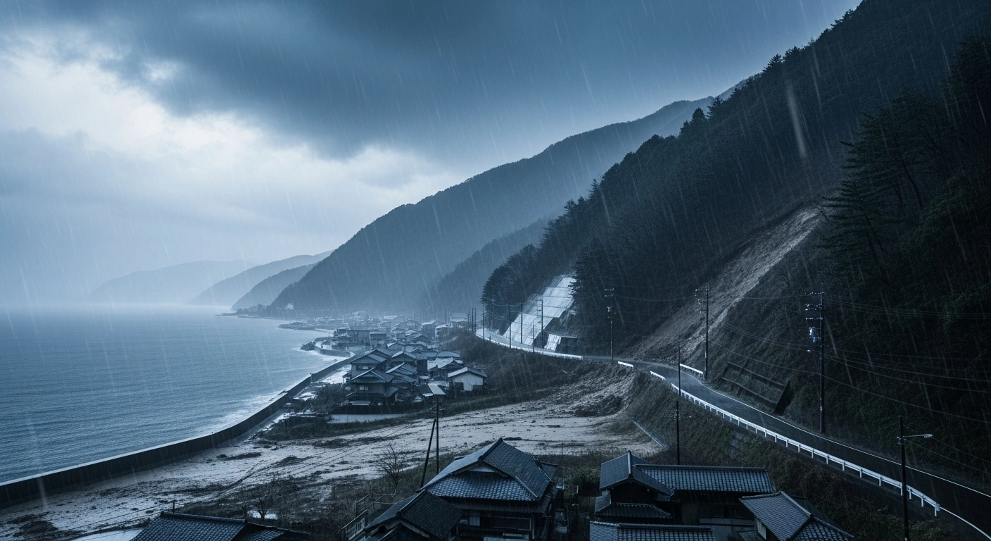 Heavy rainfall from tropical storms Higos and Mekkhala creates a high risk of landslides and flooding in a Japanese coastal region.