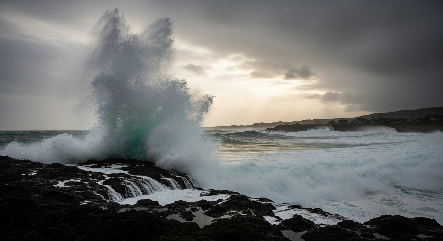 A dramatic low-angle view of colossal, churning waves crashing against a rugged Japanese coastline under a bruised, overcast sky, depicting the heavy rain, strong winds, and high waves expected in Okinawa and the Amami region as Typhoon No. 26, Fung-wong, transitions into an extratropical cyclone.