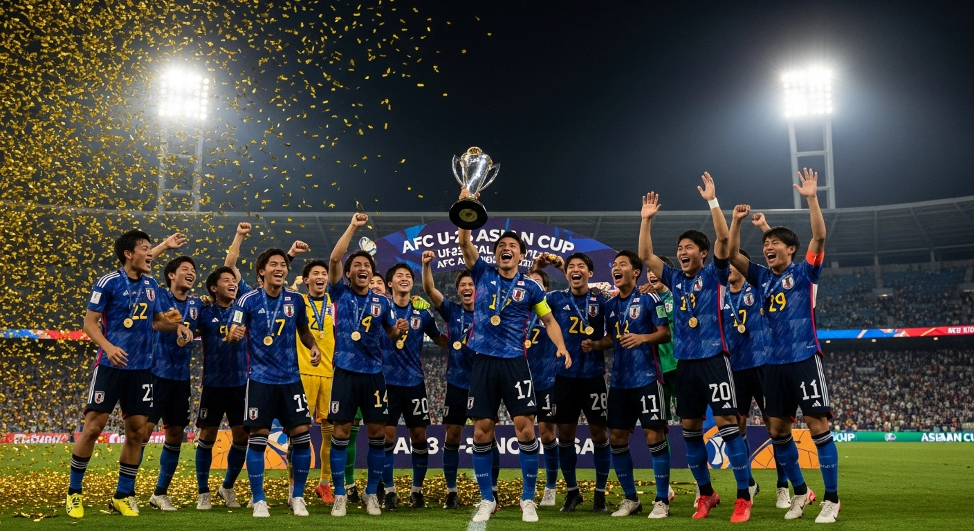 The Japan U-23 national football team celebrates their third AFC U-23 Asian Cup title, and second consecutive, after a decisive 4-0 victory over China in the final held in Jeddah, Saudi Arabia, on January 24, 2026.