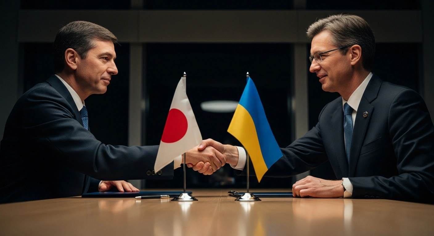 Japanese Foreign Minister Toshimitsu Motegi and Ukrainian Foreign Minister Andrii Sybiha are shown in a firm handshake across a conference table, symbolizing Japan's commitment to Ukraine's reconstruction and continued sanctions on Russia during a G7 meeting in Canada.