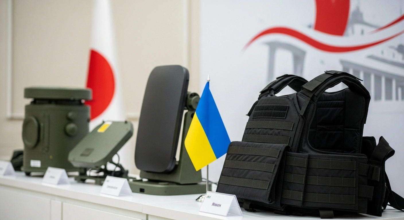 A display of modern non-lethal defense equipment, including a sleek radar system and high-tech bulletproof vests, is shown with a subtle Japanese aesthetic in the background and a Ukrainian flag in the mid-ground, symbolizing Japan's support for Ukraine through NATO's PURL initiative.