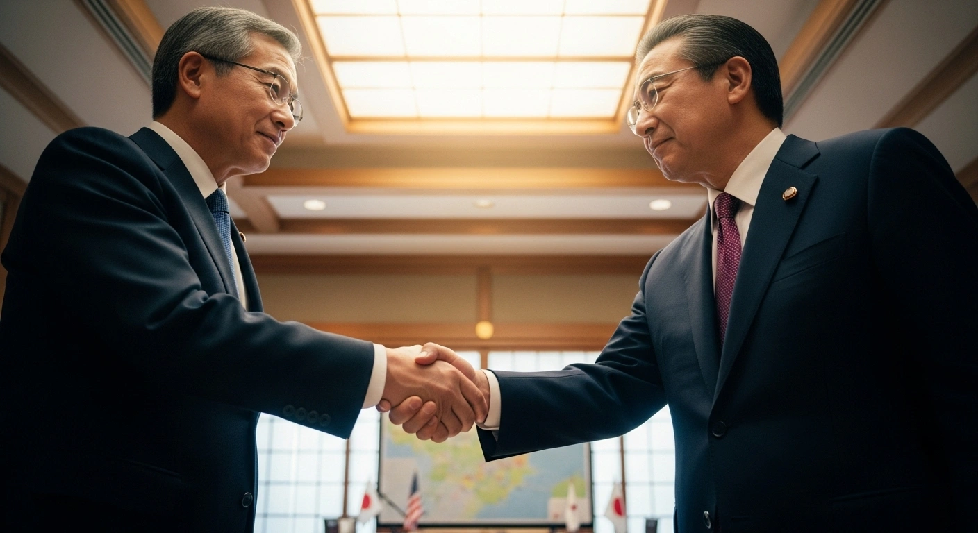 U.S. President Donald Trump and Japan's incoming Prime Minister are shown in a formal setting, shaking hands firmly, symbolizing the strengthening of the Japan-U.S. alliance and cooperation on economic and security matters.