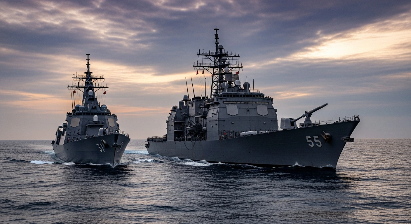 A low-angle, wide shot depicts a Japanese destroyer and an American guided-missile cruiser sailing in formation through choppy waters at dusk, with an advanced missile visible on a launcher, symbolizing the boosted joint production of defense equipment and expanded military presence by Japan and the United States amidst regional tensions.