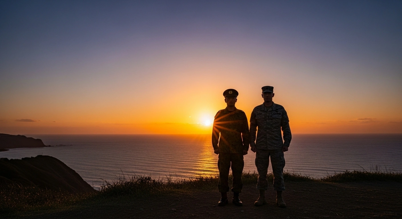 A Japanese Self-Defense Force officer and a U.S. military officer stand shoulder-to-shoulder on a coastal bluff at sunset, gazing out at the ocean, symbolizing the bolstered defense ties and operational integration between Japan and the U.S. military, reflecting the reinterpretation of Japan's pacifist constitution for collective self-defense amid a complex regional security environment.