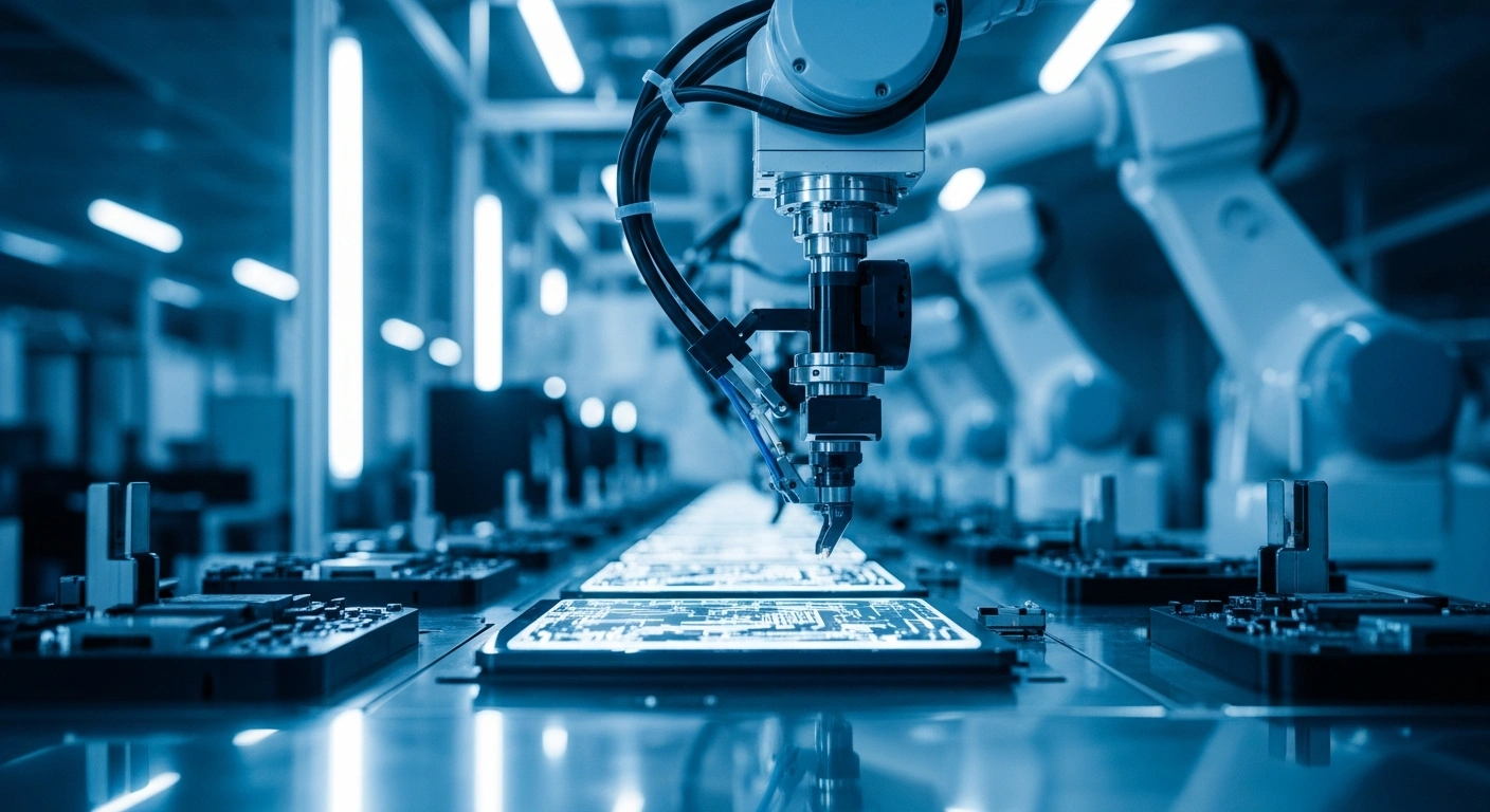 Robotic arms assemble advanced display panels in a high-tech manufacturing facility as part of a joint technology project between Japan and the United States.