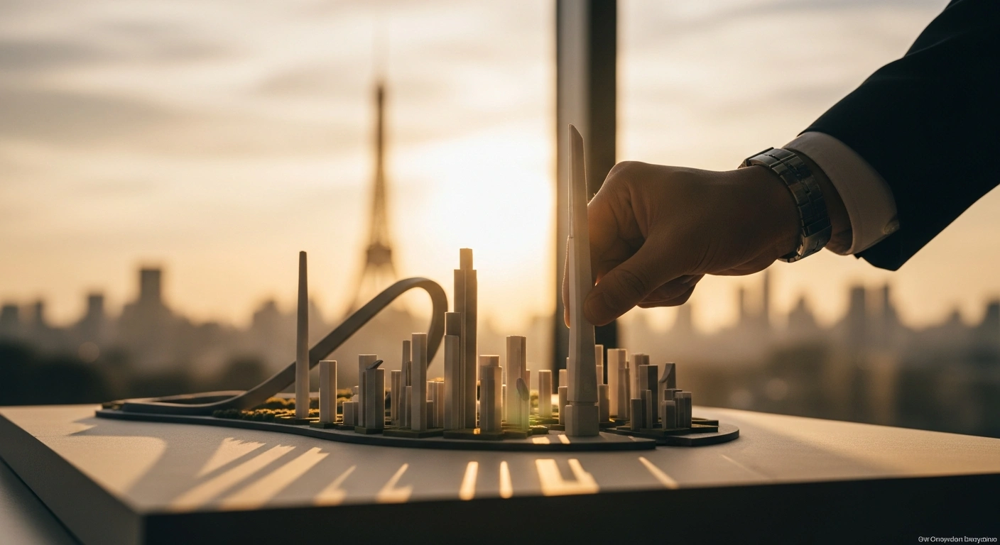 A close-up, low-angle shot at golden hour shows a hand with a subtle Japanese aesthetic firmly placing a crucial component into a detailed architectural model of a grand infrastructure project, with a blurred American landmark in the background, symbolizing Japan's $550 billion investment and loan commitment to the United States.