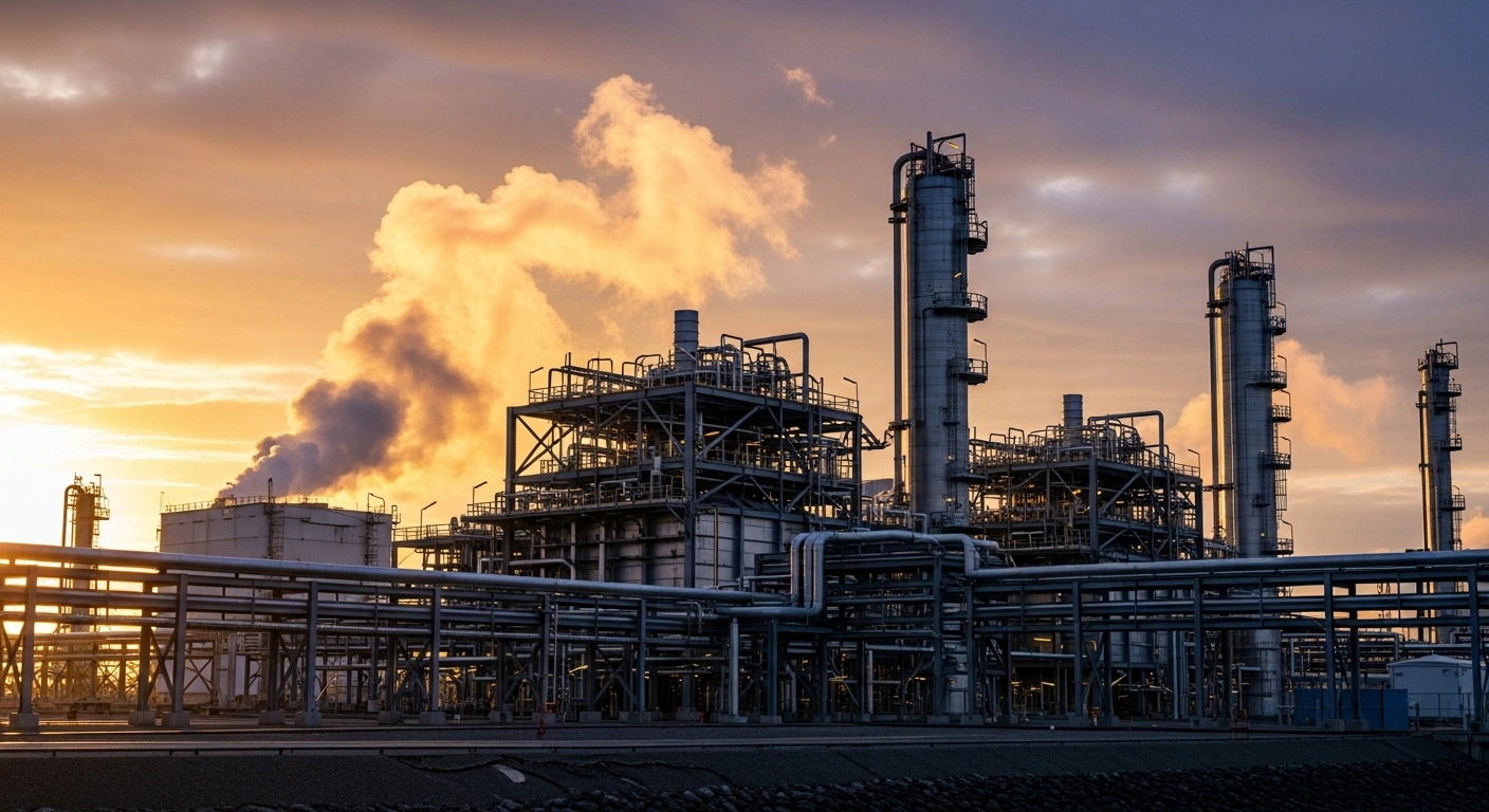A panoramic view of a modern, large-scale industrial facility, possibly a natural gas plant or crude oil export terminal, bathed in the golden light of dawn, symbolizing the $36 billion Japanese investments announced by US President Donald Trump in the United States.