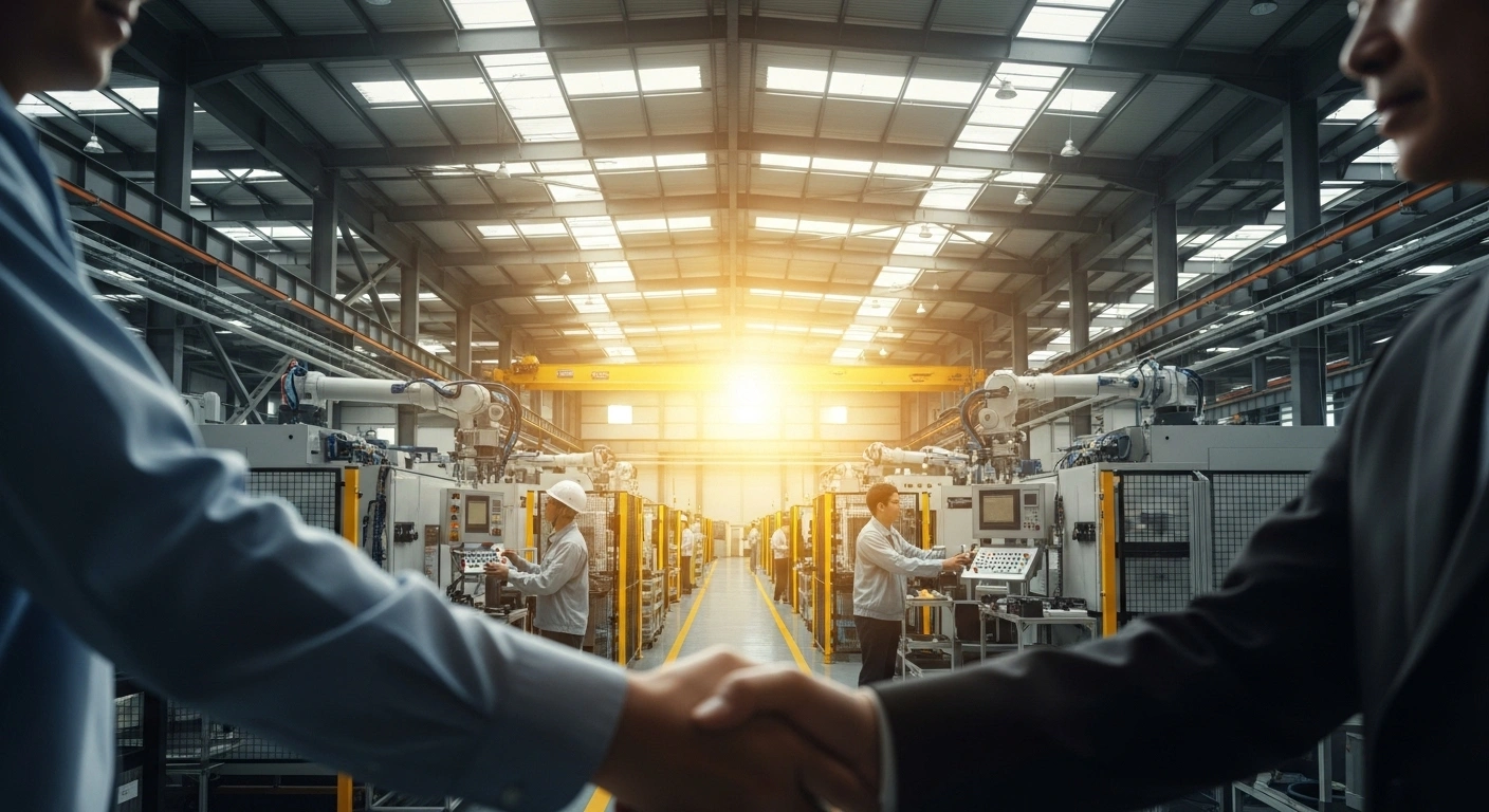 A modern factory floor with advanced machinery and diverse workers, symbolizing the $550 billion Japanese investment in U.S. industries and the new trade agreement boosting U.S. manufacturing, energy, and critical minerals sectors.