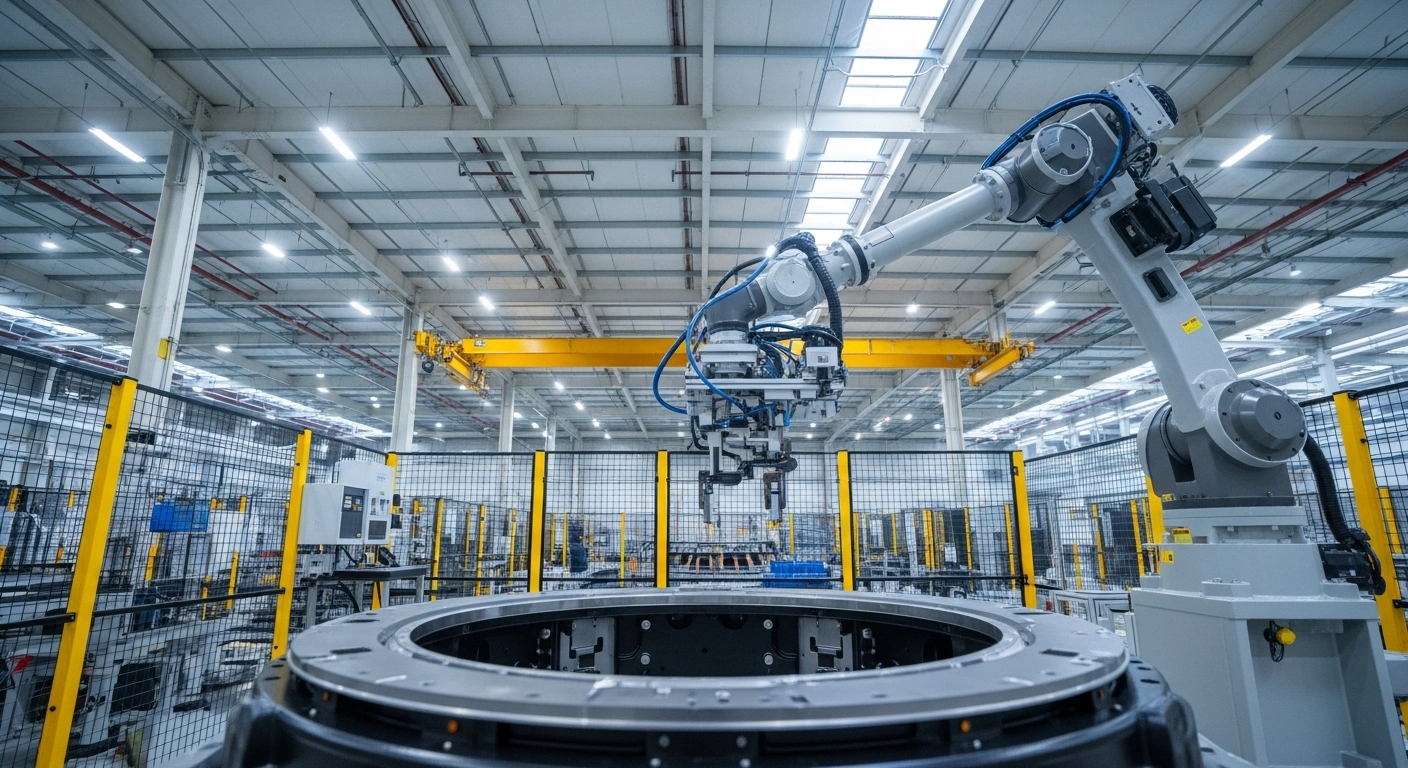 A high-tech factory floor features a precision robotic arm, symbolizing Japan's investment, meticulously assembling components in an advanced manufacturing facility in the United States, representing bolstered American industries and diversified global supply chains.