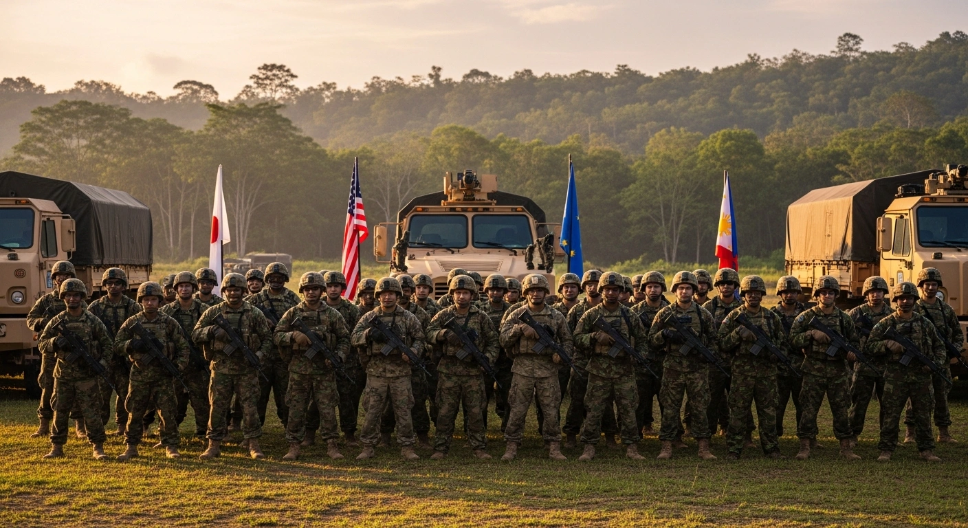 Soldiers from Japan, the United States, and the Philippines stand together during the Salaknib military exercises in the Philippines to enhance regional defense cooperation.