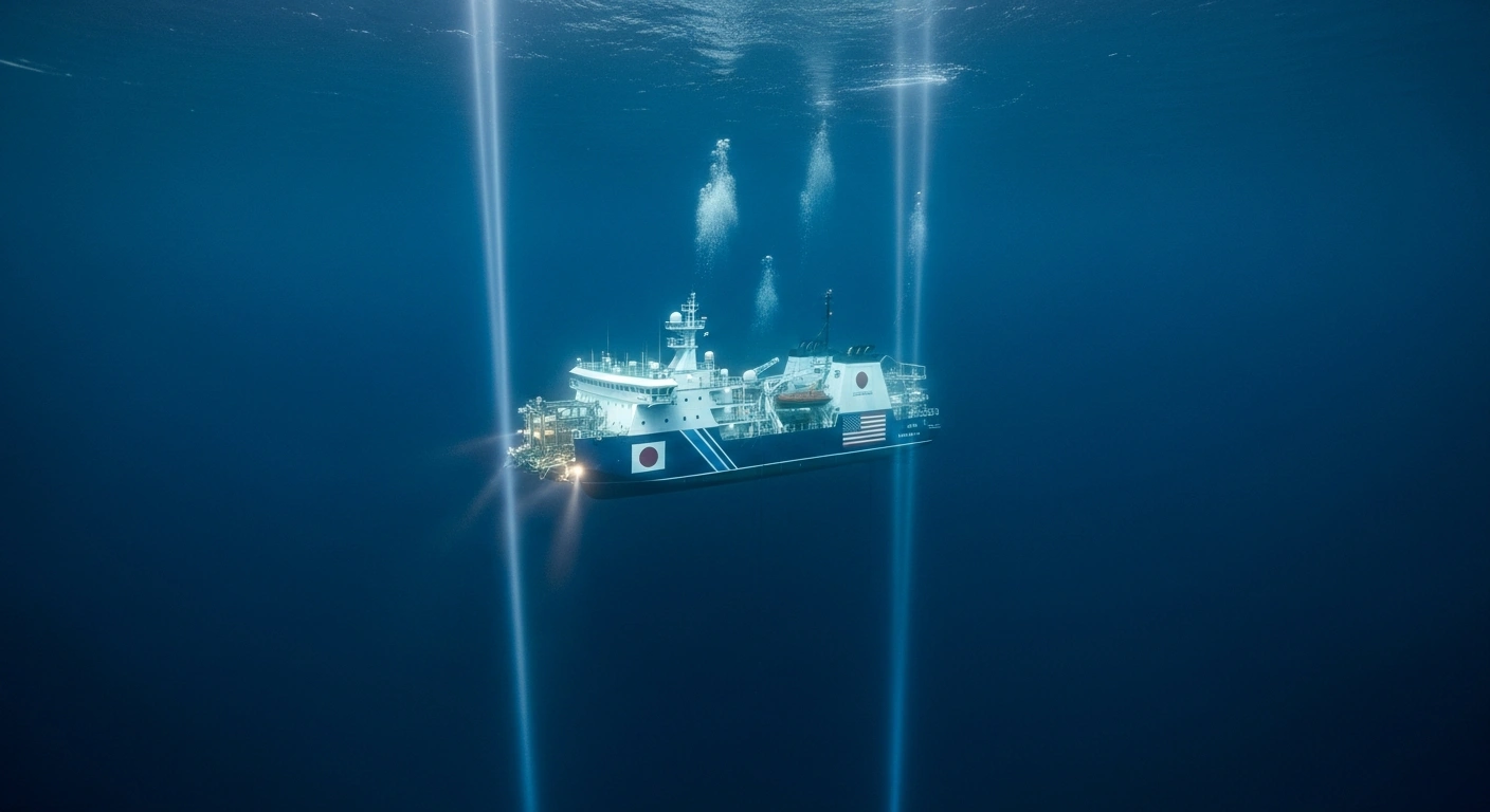 A futuristic deep-sea mining vessel, bearing emblems of Japan and the United States, illuminates the abyssal plains near Minamitori Island, symbolizing their strategic alliance to extract rare earth materials and diversify global supply chains away from China.