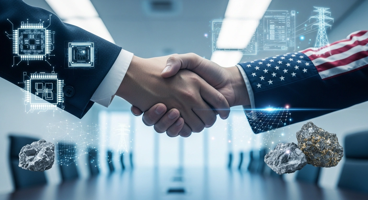 A close-up shot of a Japanese hand and an American hand shaking in a modern boardroom, with holographic projections of semiconductors, energy grids, and mineral formations in the background, symbolizing Japan's $550 billion commitment to bolster critical US industries and technologies.