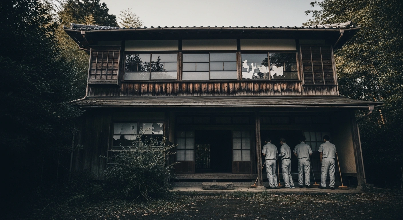 A professional cleaning crew prepares to enter a vacant, aging Japanese home as part of a service managing inherited properties in a shrinking real estate market.