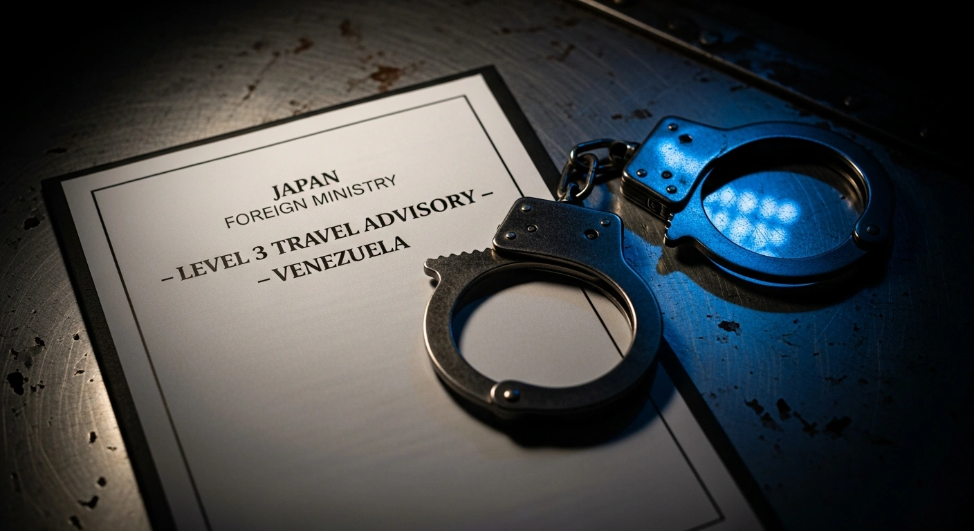 An official document from the Japan Foreign Ministry displaying a 'Level 3 Travel Advisory - Venezuela' is on a metallic surface next to a pair of open military handcuffs, symbolizing the advisory following the US military operation and capture of Venezuelan President Nicolás Maduro.