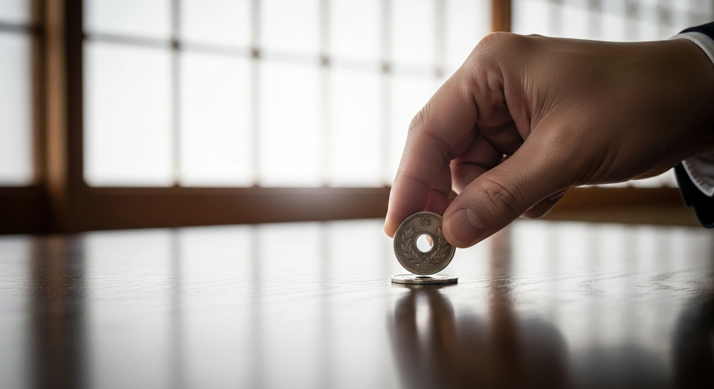 A close-up image depicts a hand carefully placing an antique Japanese coin onto a dark lacquered surface, symbolizing the Japanese government's decision to raise visa issuance fees for foreign visitors in fiscal year 2026 to generate revenue and combat overtourism.