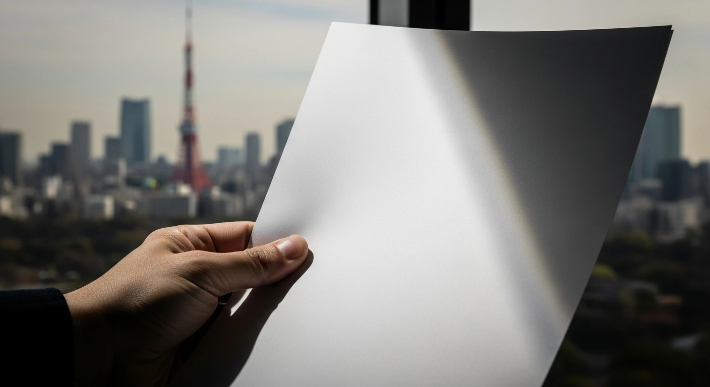 A close-up shot shows a hand holding a Japanese visa application form, with the blurred skyline of Tokyo in the background, symbolizing Japan's increased visa and residency fees for foreign nationals.