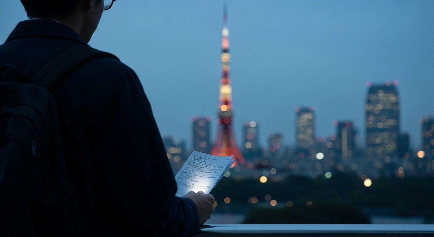 A solitary individual stands contemplatively before a blurred Tokyo skyline at dusk, holding a document, representing Japan's dramatic tenfold increase in visa and residency fees for tourists, workers, and permanent residents starting in fiscal year 2026.