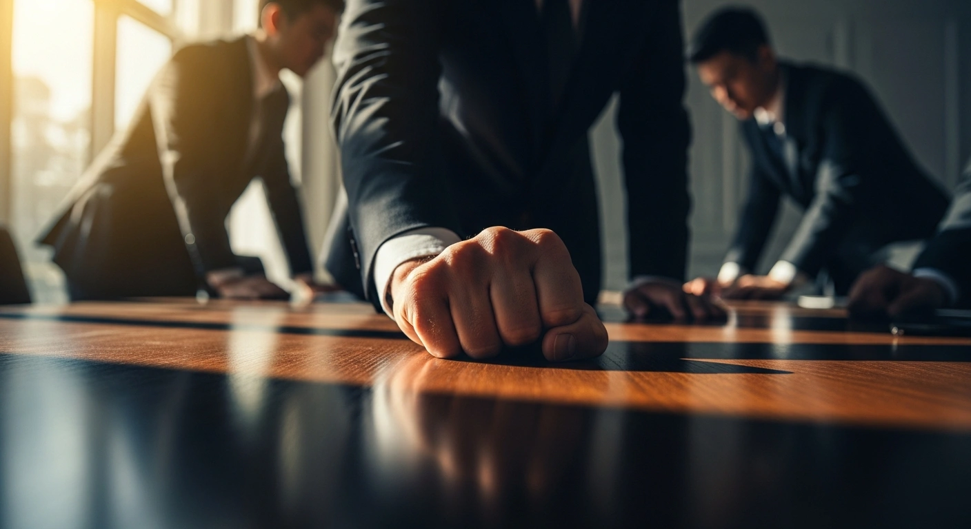 A dramatically lit image shows a determined fist rising from a dark conference table, symbolizing Japan's labor unions pushing for significant pay raises during the crucial Shunto negotiations, which are vital for the nation's economic shift from deflation.