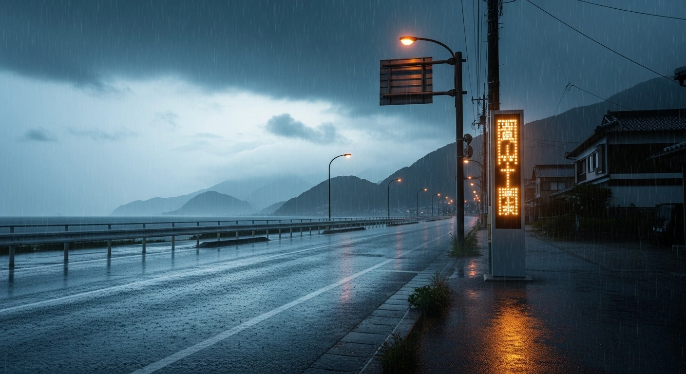 A rain-swept Japanese town street features a glowing weather warning display during a heavy storm to alert residents of potential flooding and landslides.