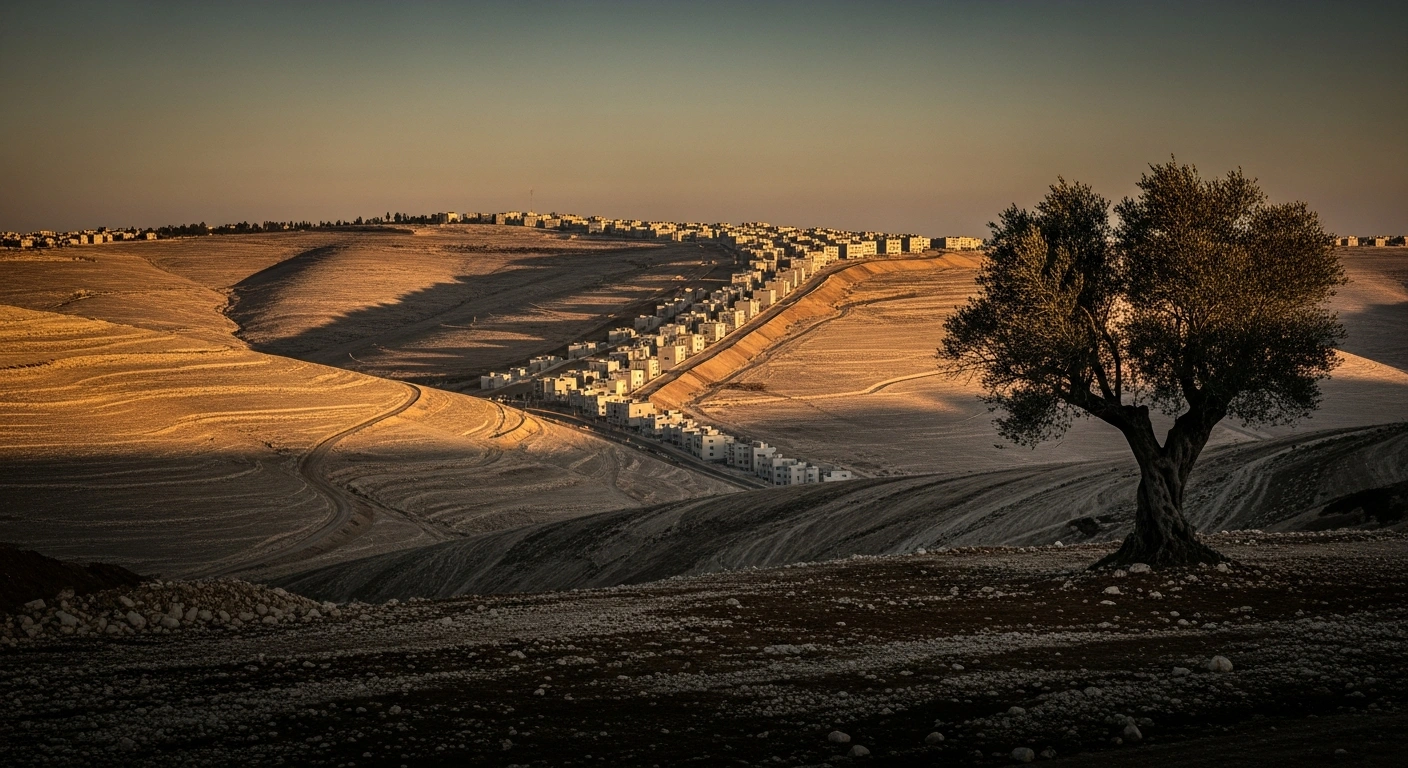 A wide, cinematic shot of the West Bank at dusk depicts new concrete settlement structures encroaching on rolling hills, with a lone olive tree standing near a recently bulldozed area, illustrating the impact of settlement expansion that Japan has voiced deep concern about.