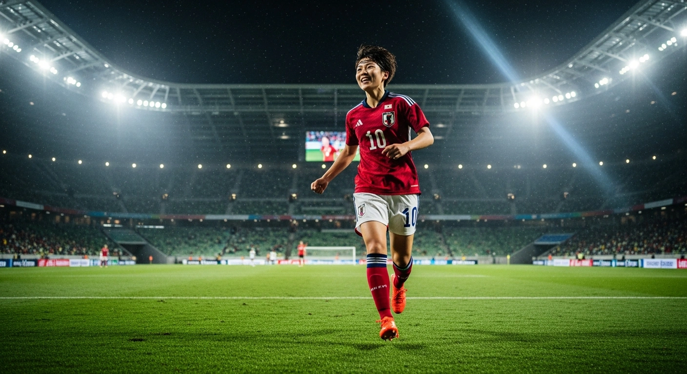 A Japanese female football player celebrates a championship victory on the field at Stadium Australia after defeating the Australian team.