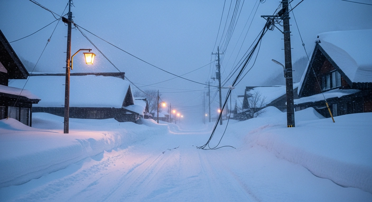 A desolate, snow-choked street in a remote northern Japanese village at dawn, illuminated by emergency lanterns and a struggling streetlamp, depicting the extensive power outages and transportation disruptions caused by a severe winter storm and record snowfall that led to 45 fatalities and nearly 600 injuries across Japan.