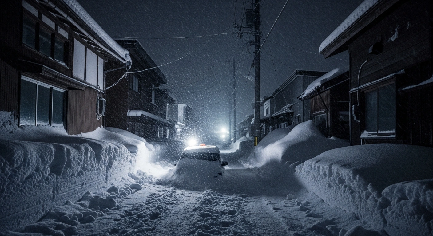 A desolate, snow-choked alley in a northern Japanese town at night, with a flickering emergency beacon from a buried vehicle, a snapped power line, and heavy snowfall, depicting the severe winter storm and widespread power outages.