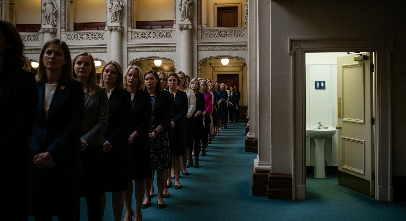 A long line of formally dressed Japanese women lawmakers, including Prime Minister Sanae Takaichi, patiently wait outside a small, two-cubicle restroom door within an ornate, aged parliament building, illustrating the disparity in available facilities.