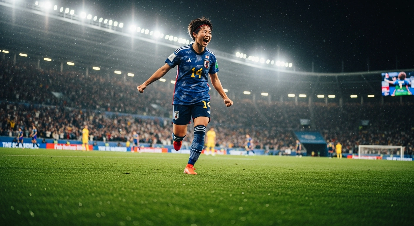 A Japanese women's national soccer player celebrates a decisive victory on the field after securing a spot in the 2027 FIFA Women's World Cup.