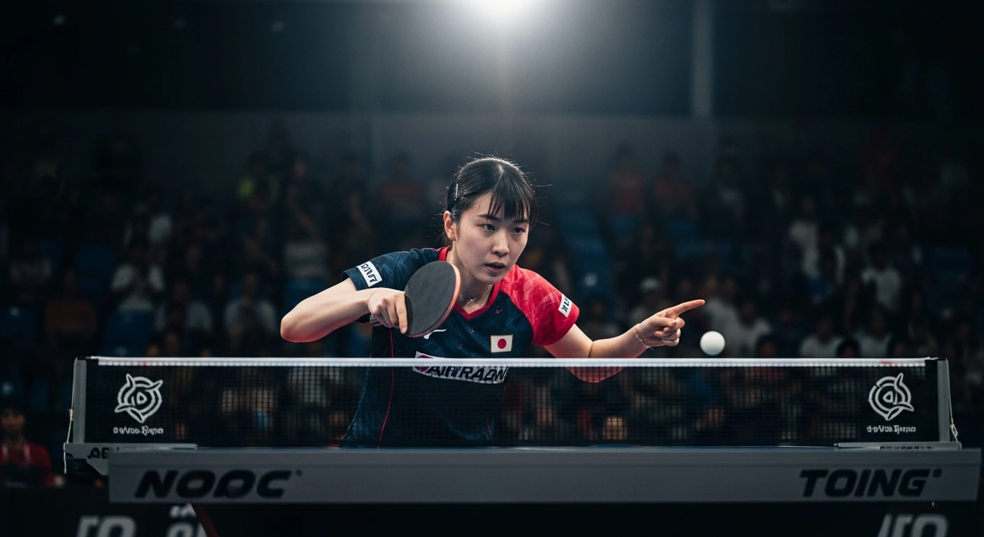 A Japanese women's table tennis player competes with intense focus during the World Team Table Tennis Championships.